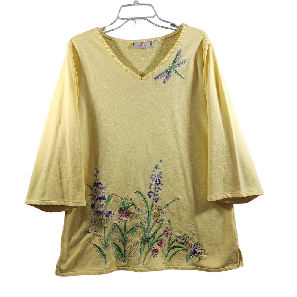 Quacker Factory L Embroider DRAGONFLY FLORAL Pull Over 3/4 Length Sleeve Sweater